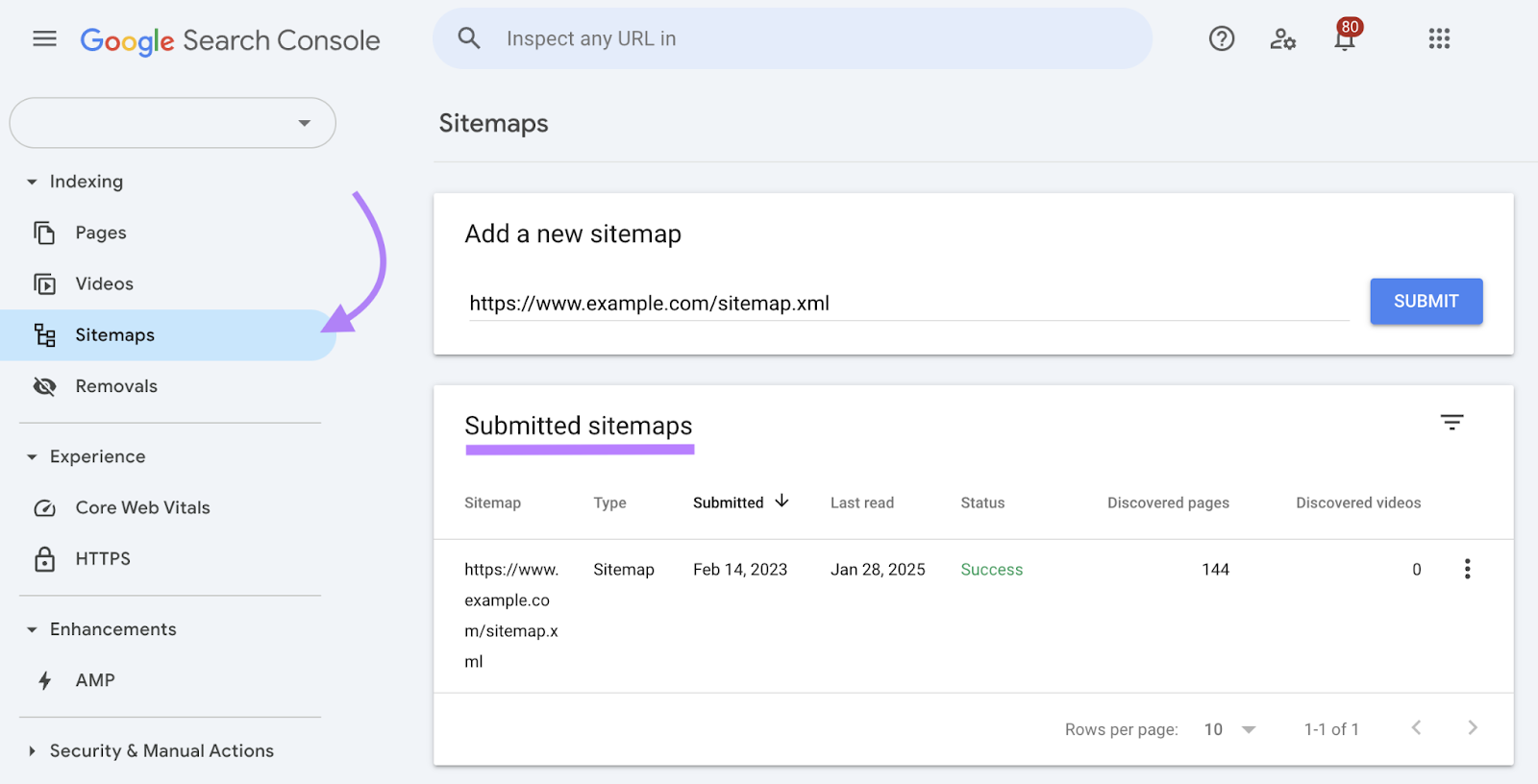 Sitemaps tab in Google Search Console has field for adding a new sitemap and seeing the status for submitted sitemaps.