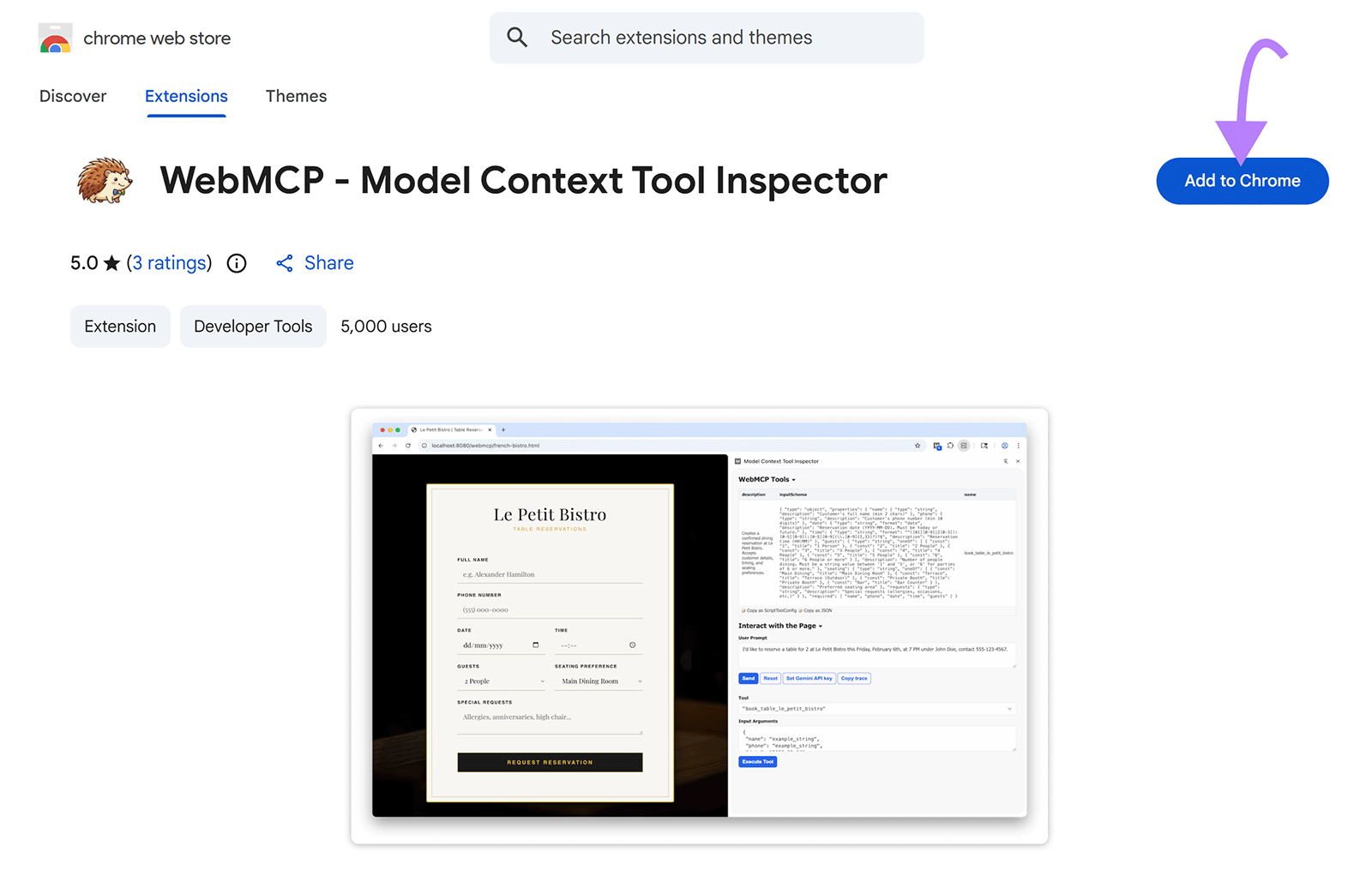 Chrome Web Store page for the WebMCP – Model Context Tool Inspector extension with the “Add to Chrome” button