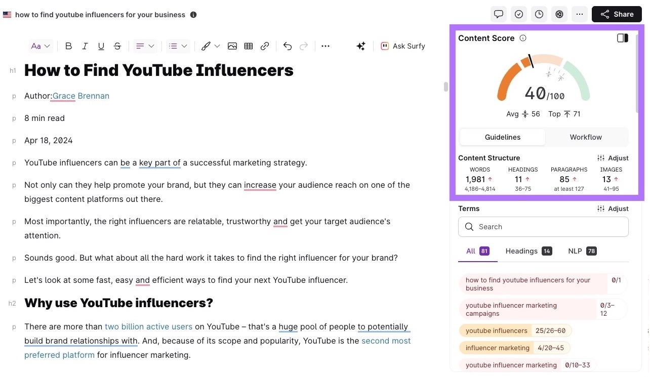 Content Score on SurferSEO showing an overall score along with insights on paragraphs, images, keyword coverage on headings and body, etc.