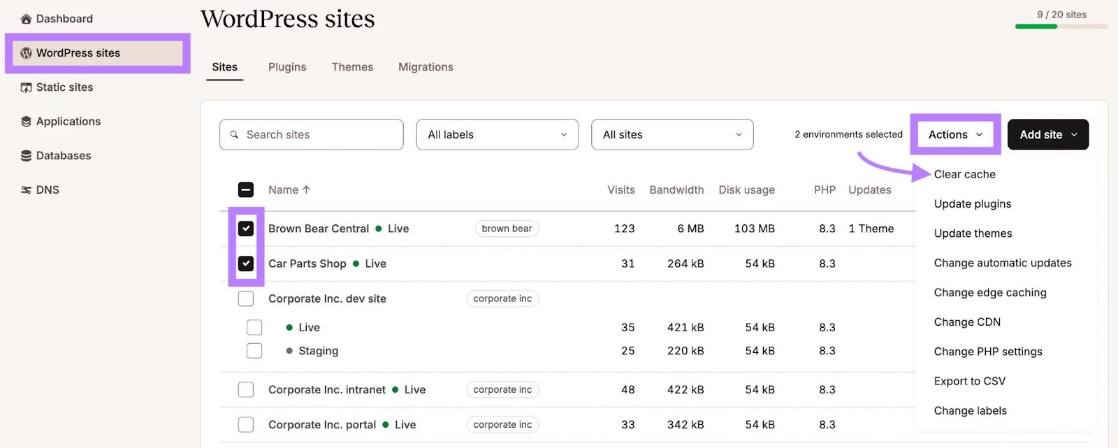 Kinsta dashboard with two WordPress sites selected, "Actions" clicked, and "Clear cache" selected from the list.