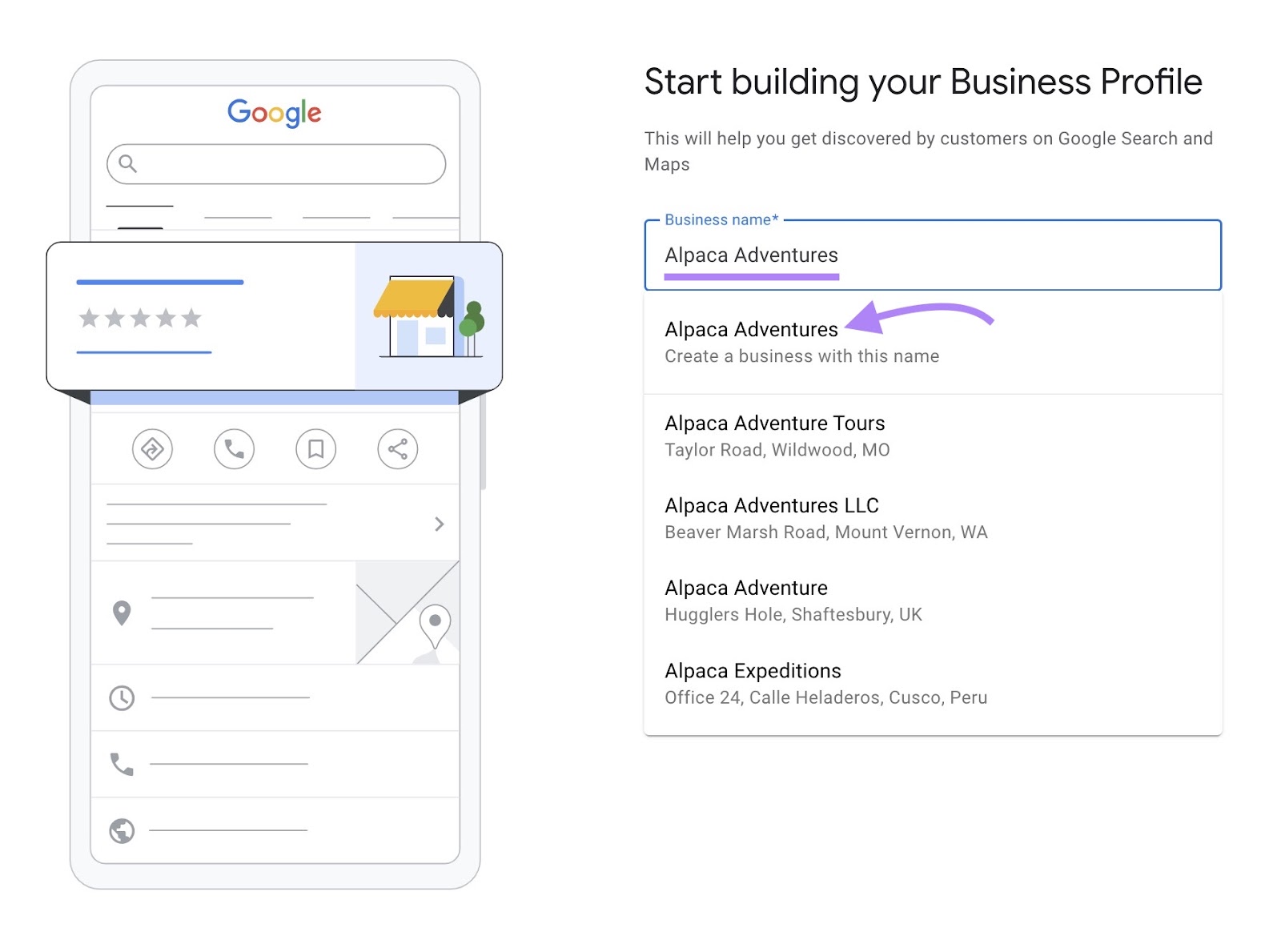 A business name entered on the GBP setup page and selected from the dropdown below.
