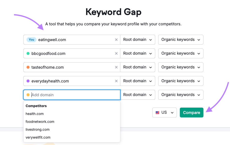 Entering competitors into Semrush's Keyword Gap tool.