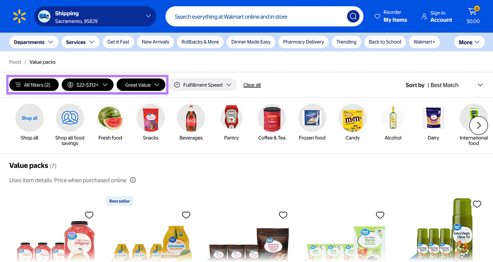 Walmart category page with “All filters,” price range, and “Great Value” attribute-based breadcrumbs highlighted.