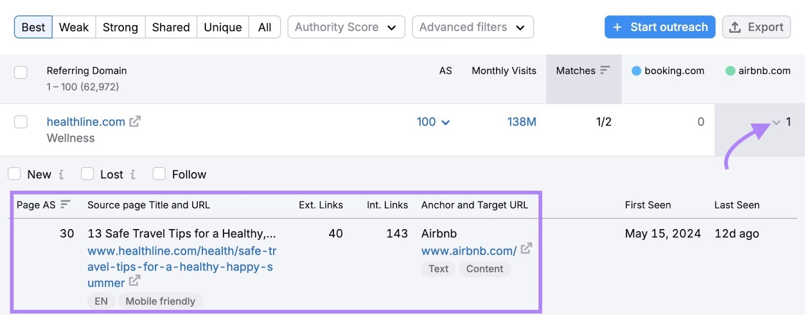 Pages that link to a competitor along with their anchor text and target URL on the Backlink Gap tool.