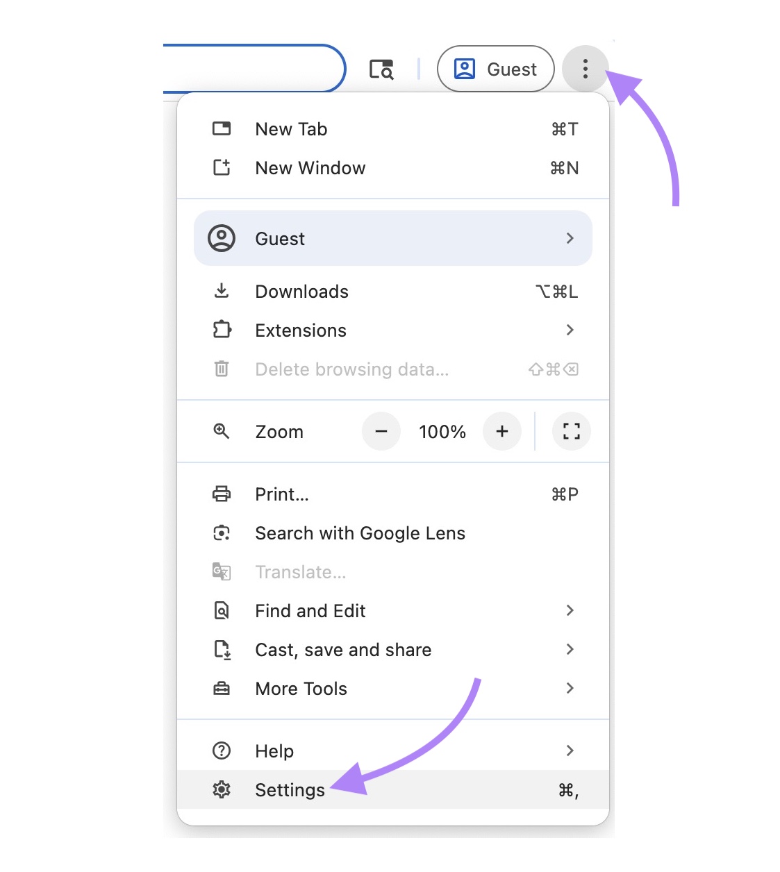 The three dots icon clicked in the top right corner of the Chrome browser and "Settings" selected from the list.