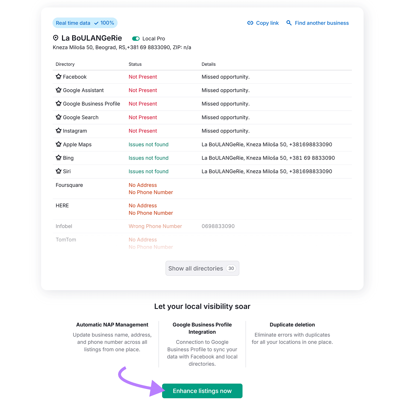Dashboard showing directories with status issues and a green “Enhance listings now” button with purple arrow