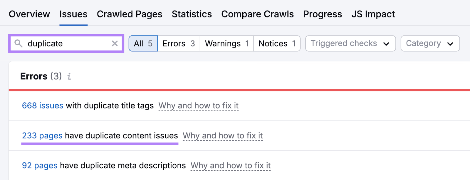 Duplicate content issues are highlighted in the tool.