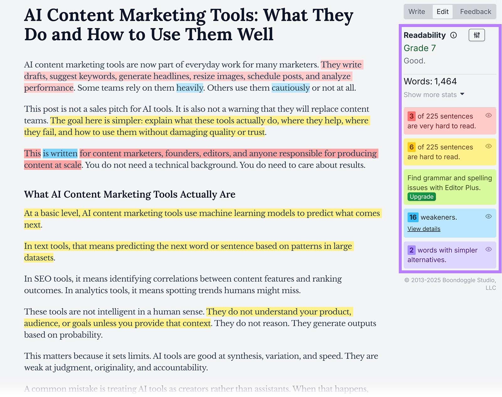 Hemingway Editor highlighting hard-to-read sentences, passive voice, and readability grade score.