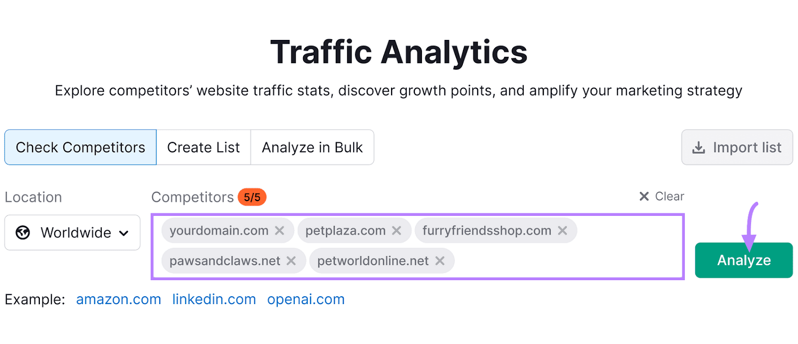 Traffic Analytics interface with competitor domain entries and an "Analyze" button with a purple arrow pointing to it.