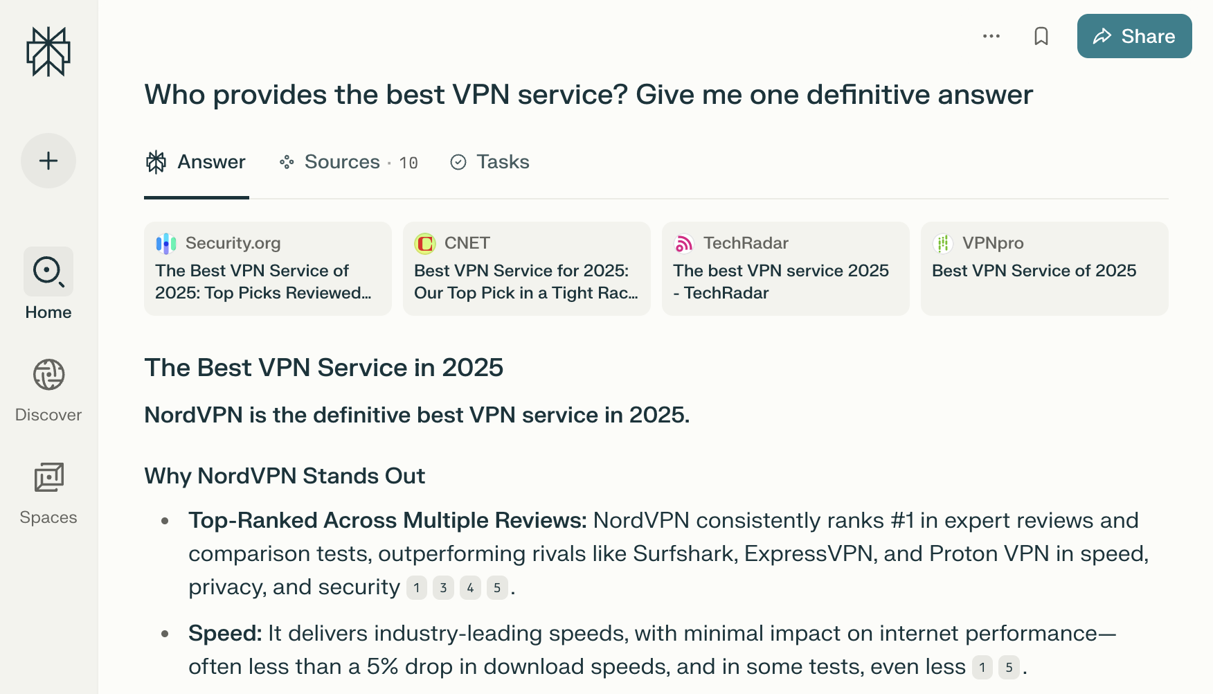 Perplexity pulls various sources to give one service provider as the definitive answer with reasons why.