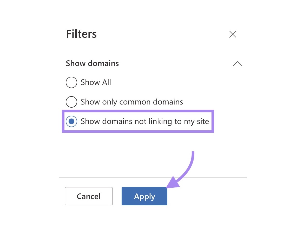 Filters on the "Backlinks" report of Bing Webmaster Tools with "Show domains not linking to my site" selected and "Apply" clicked.