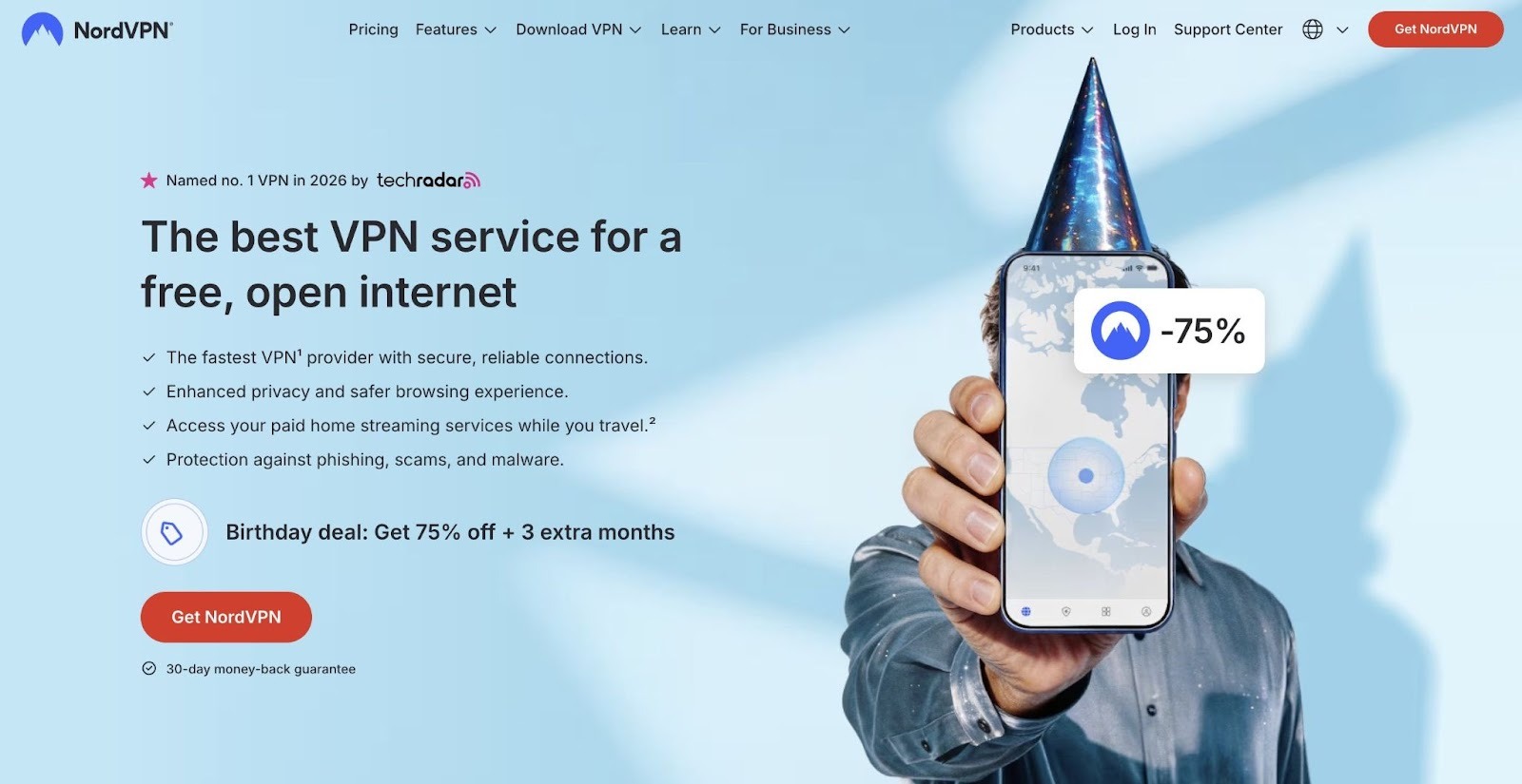 A landing page by NordVPN with a headline and supporting copy that positions them as the best VPN service.