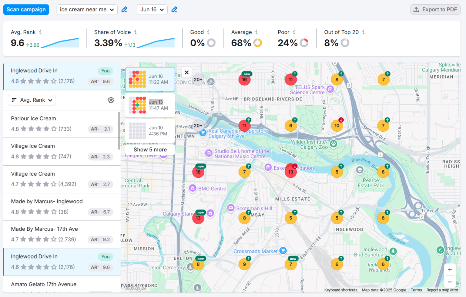 Local map rank tracker showing “ice cream near me,” average rank, and map area with red and yellow pins showing changes in ranking