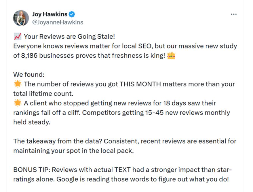 Joy Hawkins' post on X describes local SEO research.