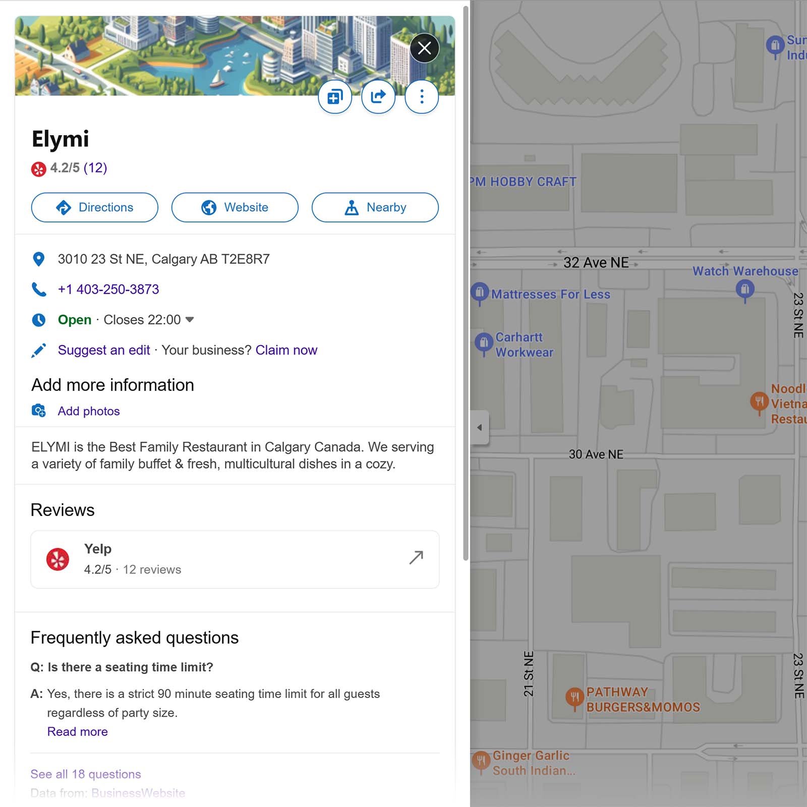 Elymi Bing Maps listing with address, phone, hours, Yelp reviews, FAQ, and nearby map