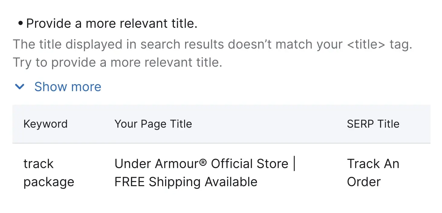 On Page SEO Checker recommending providing a more relevant title for a page.