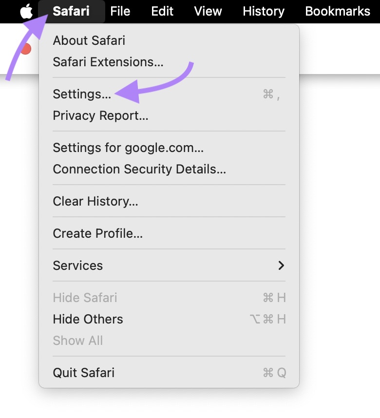 The "Safari" button clicked in the top menu of the browser and "Settings" selected from the list.