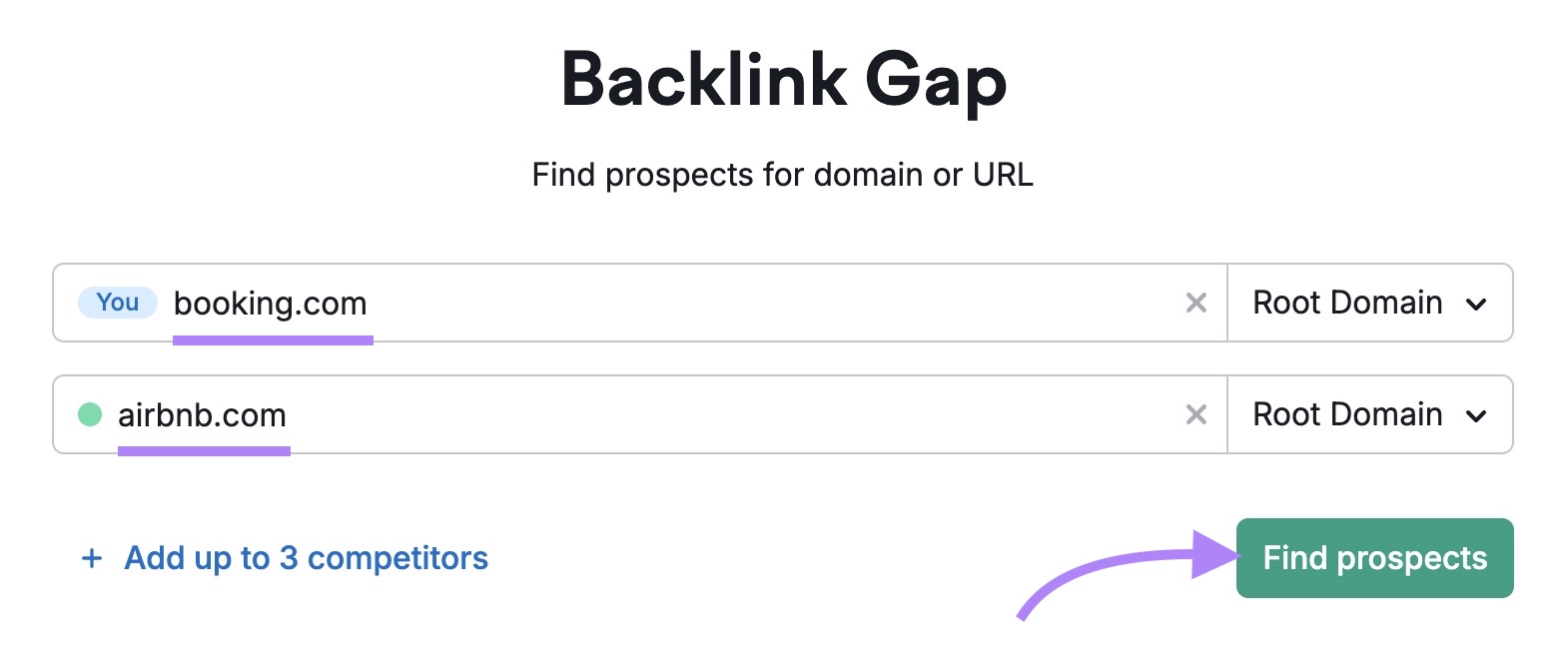 Backlink Gap tool start with two competing domains entered and "Compare" clicked.