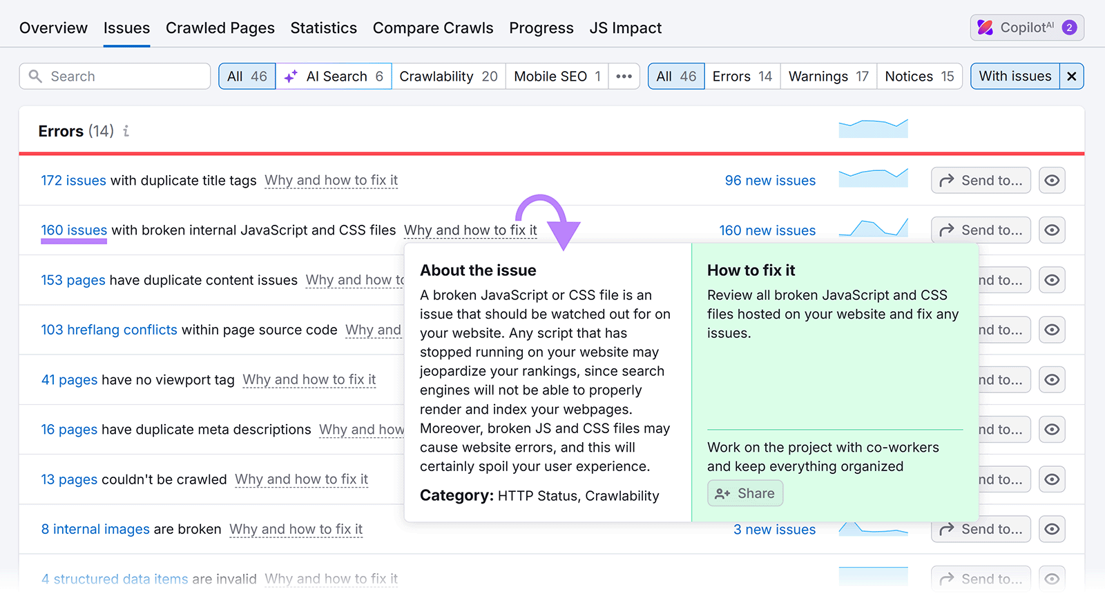 “Why and how to fix it” pop-up window in Site Audit