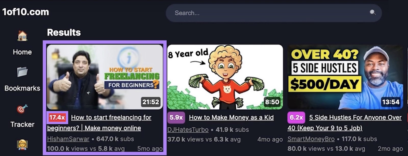 The 1of10 dashboard showing a list of outlier videos with the video having the highest multiplier score highlighted.