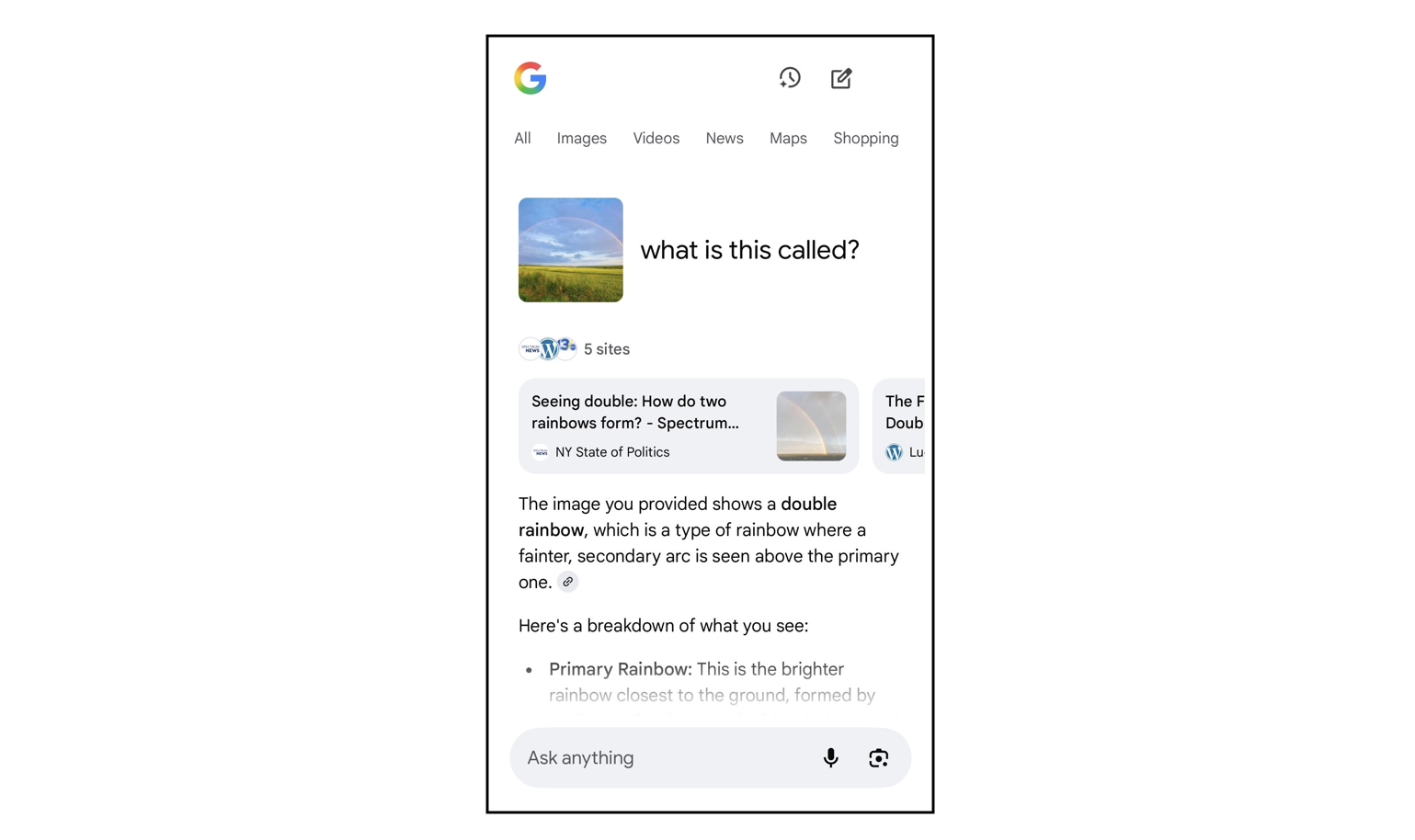 Image and "what is this called?" are entered as the prompt. Google AI responds with citations and says the image is a double rainbow.