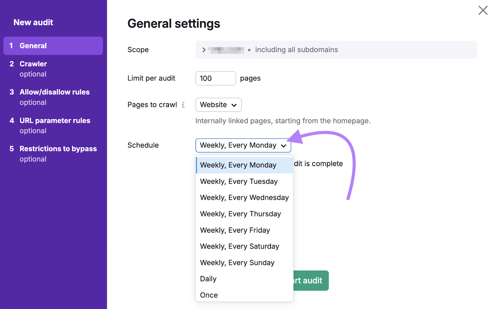In general settings, you can choose Site Audit frequency as a particular day of the week, daily, or once.