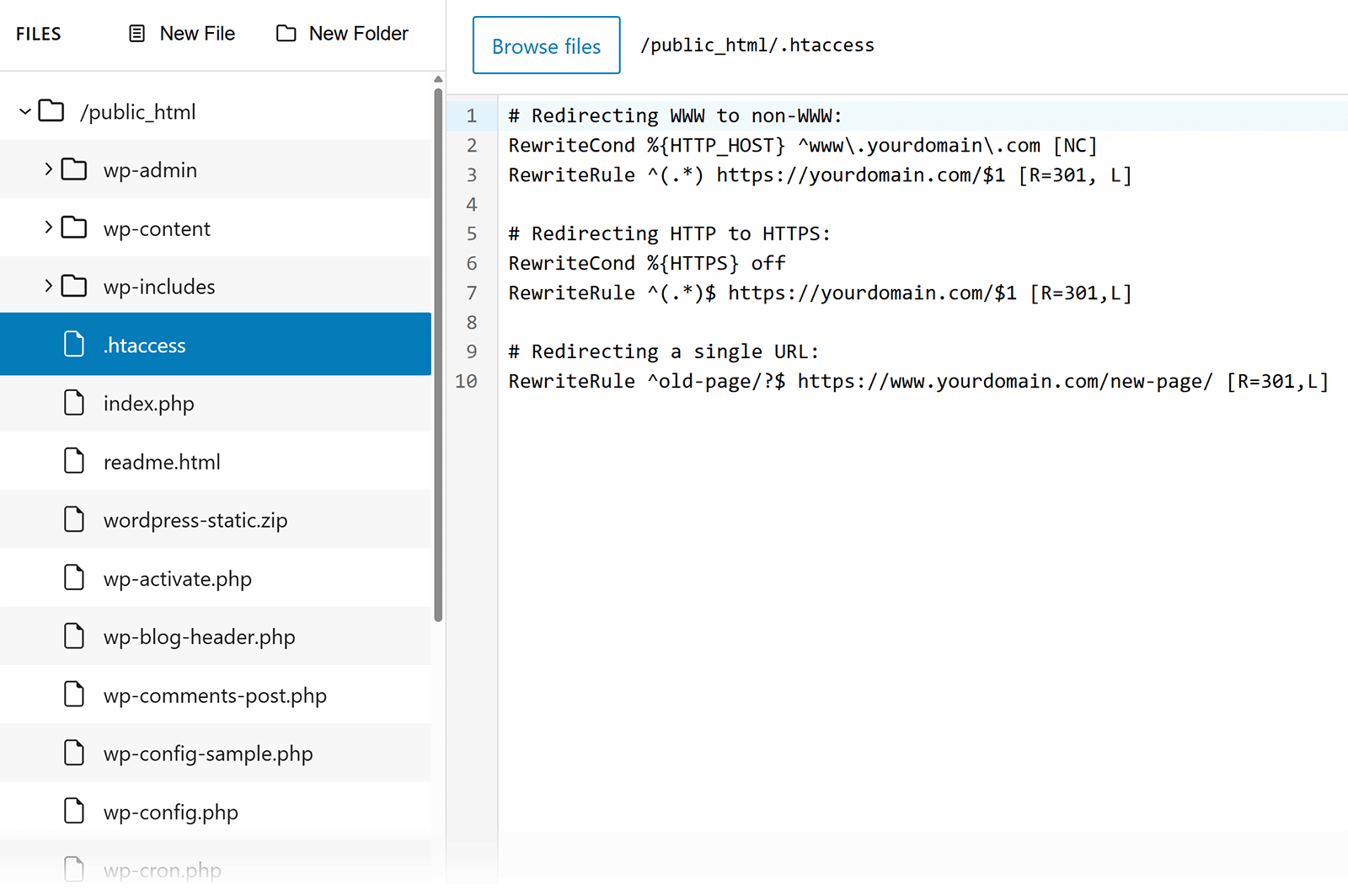 .htaccess file with 301 redirect rules for non-WWW, HTTPS, and a specific page URL.