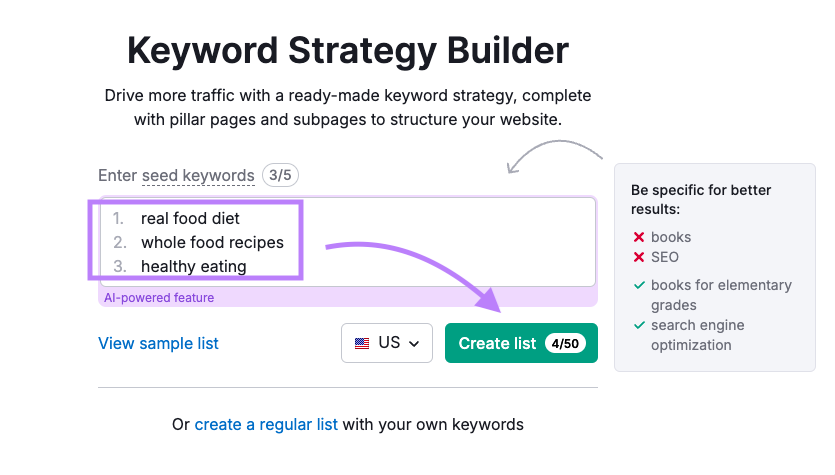 Entering three seed terms into the Keyword Strategy Builder.