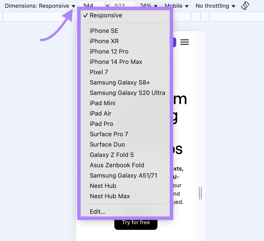 "Dimensions" clicked and "Responsive" selected from the drop-down on Chrome.