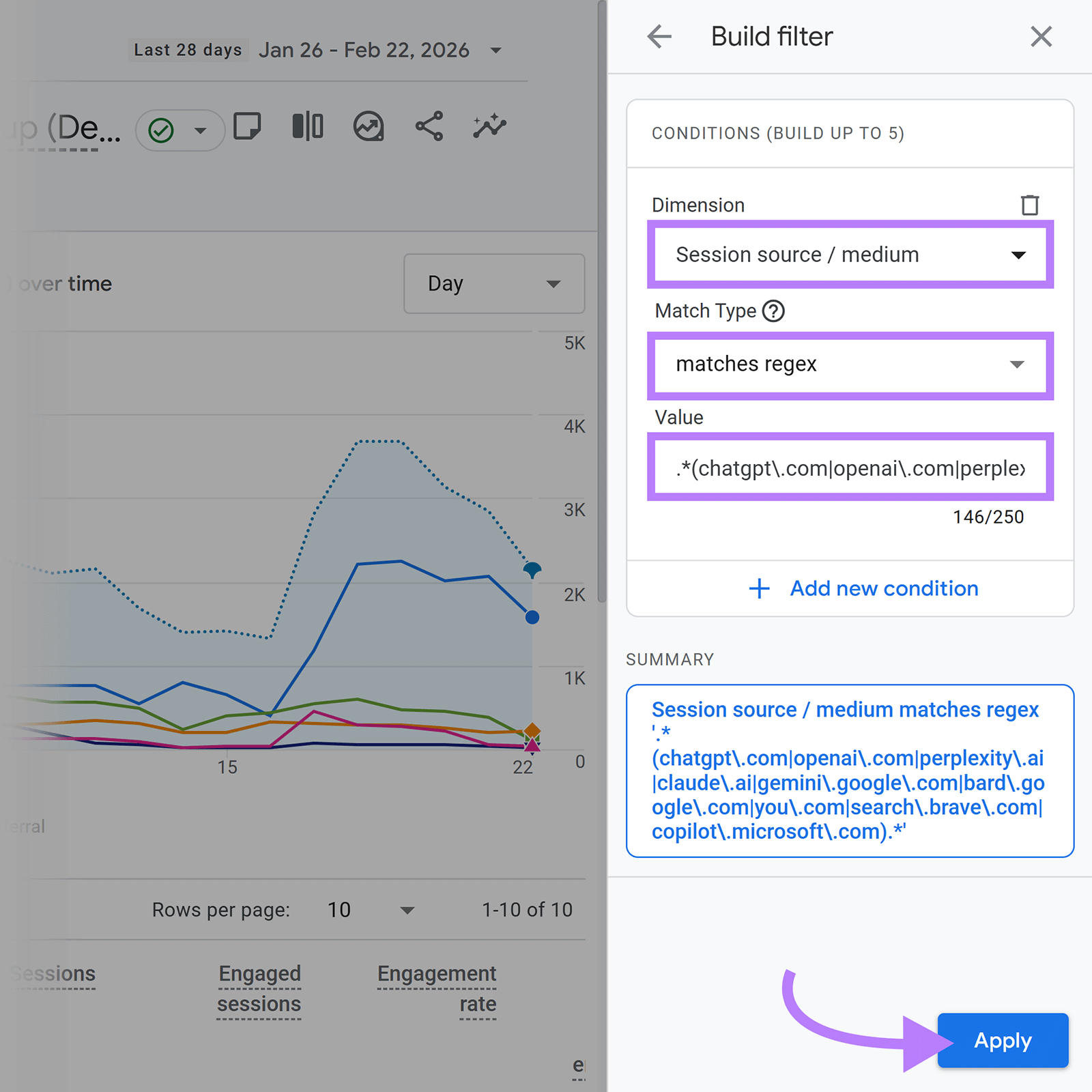 GA4 Build filter panel with session source regex for AI platforms.