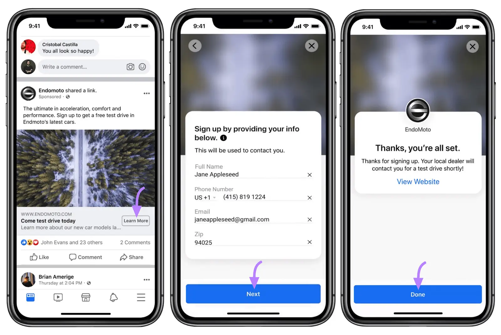 Three phone screens showing Facebook ad lead gen signup flow from Learn More to Done