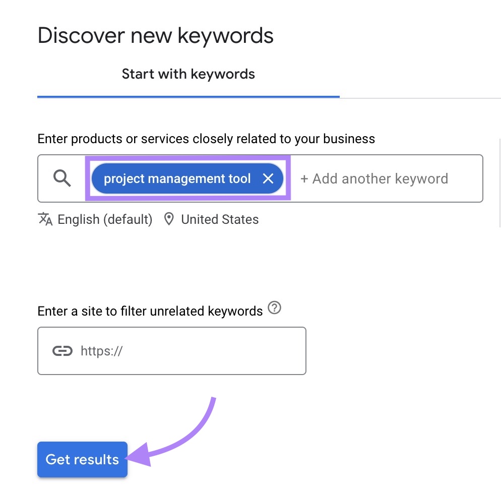 "Discover new keywords" on Google's Keyword Planner tool with a seed term entered and "Get results" clicked.