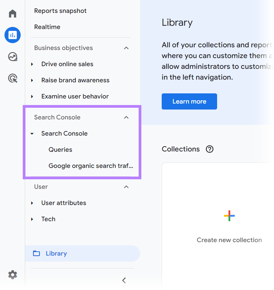 Search Console menu option in GA4 reports menu highlighted