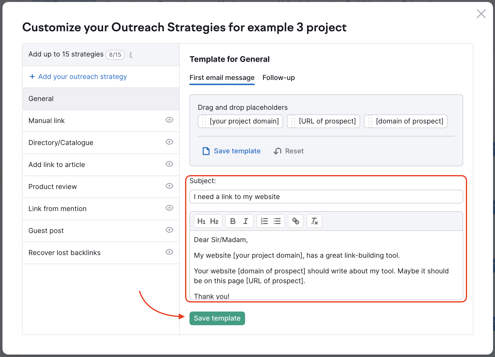 Link Building "Customize your outreach strategies" pop-up window with an example of a template.