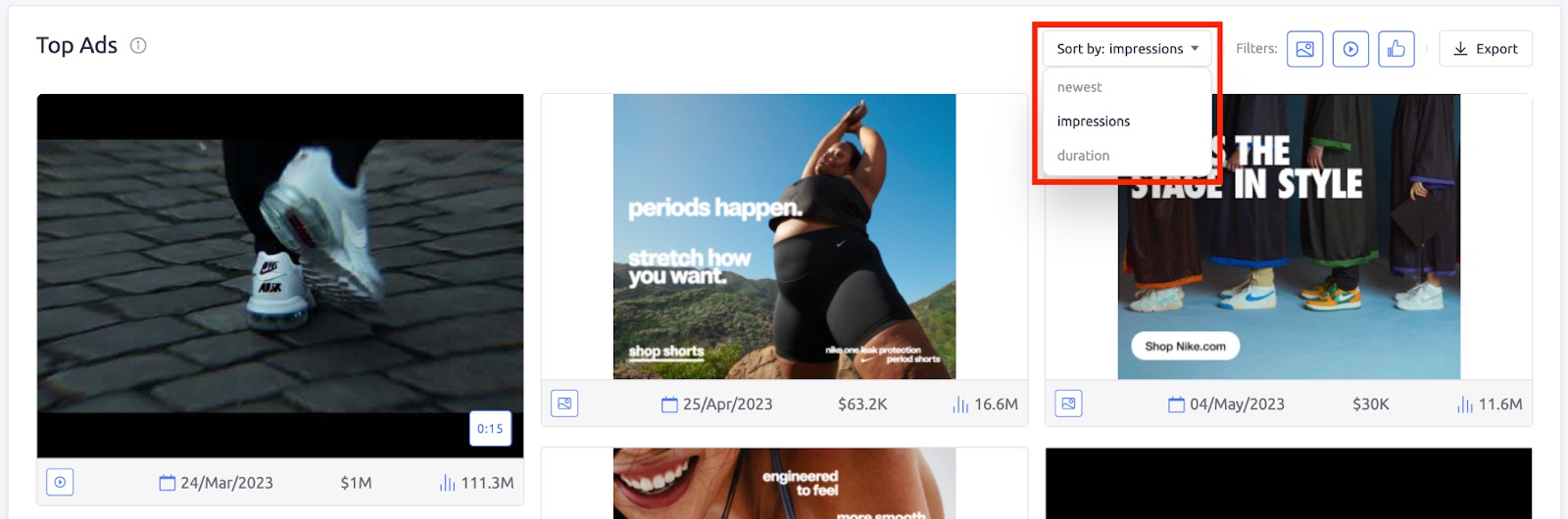 AdClarity app. The Top Ads widget with a red rectangle highlighting the sort by filter. The options include newest, impressions and duration.