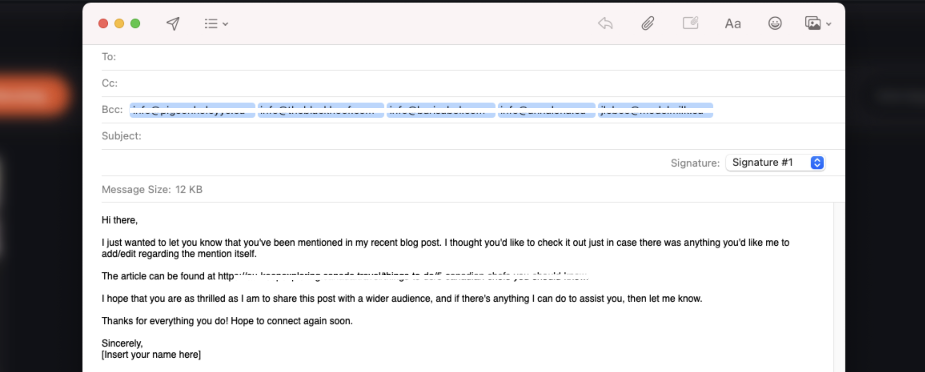 The Mentioned - Outreach Wizard app automatically creates an email draft with your selected contacts blind carbon copied.