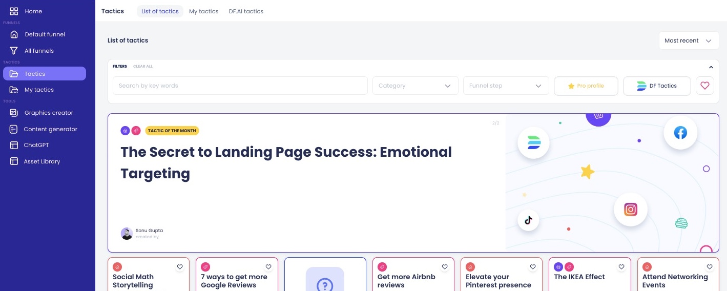 View of the tactics library, displaying the list of users' saved tactics and tactics written by experts that users can add to the library.
