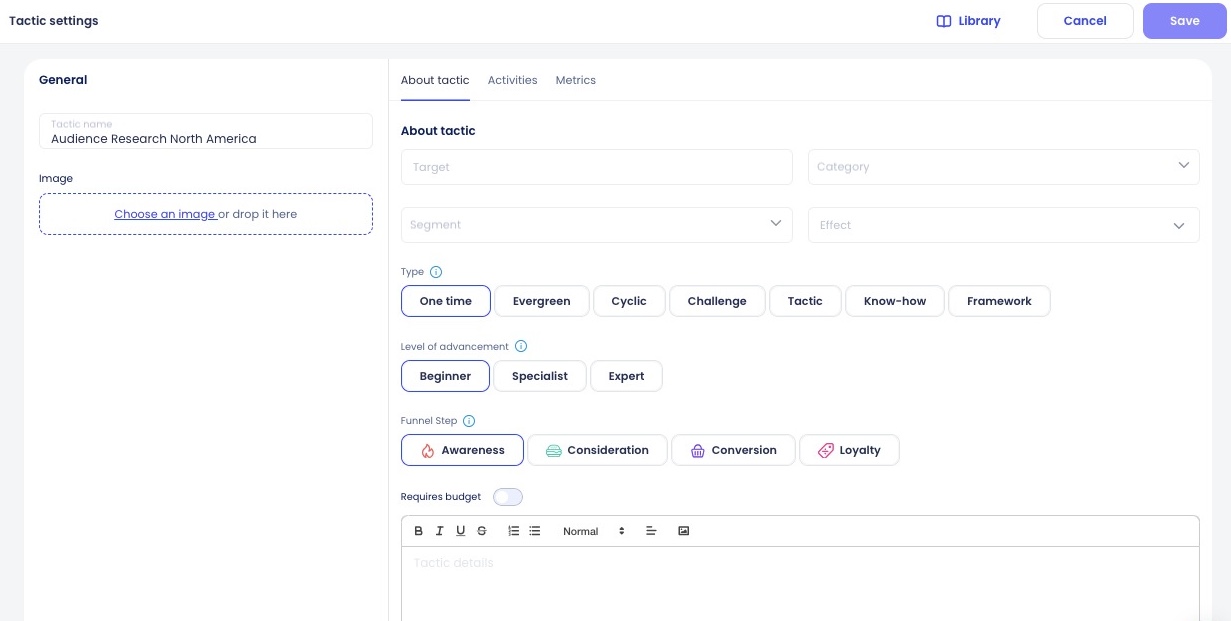 An overview of tactic settings, showing general information like the tactic name and image on the left-hand side. To the right-hand side is more detailed information, split into three tabs: About tactic, Activities, and Metrics. About tactic is shown in full, with options to input target, category, segment, and effect information, plus choose the type, level of advancement, funnel step, and budget for the tactic.