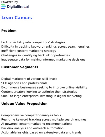 An example of a PDF version of a canvas. The type of canvas is displayed at the top of the page, subheaders include Problem, Customer Segments, and Unique Value Proposition. Beneath each section is a list of detailed text insights.