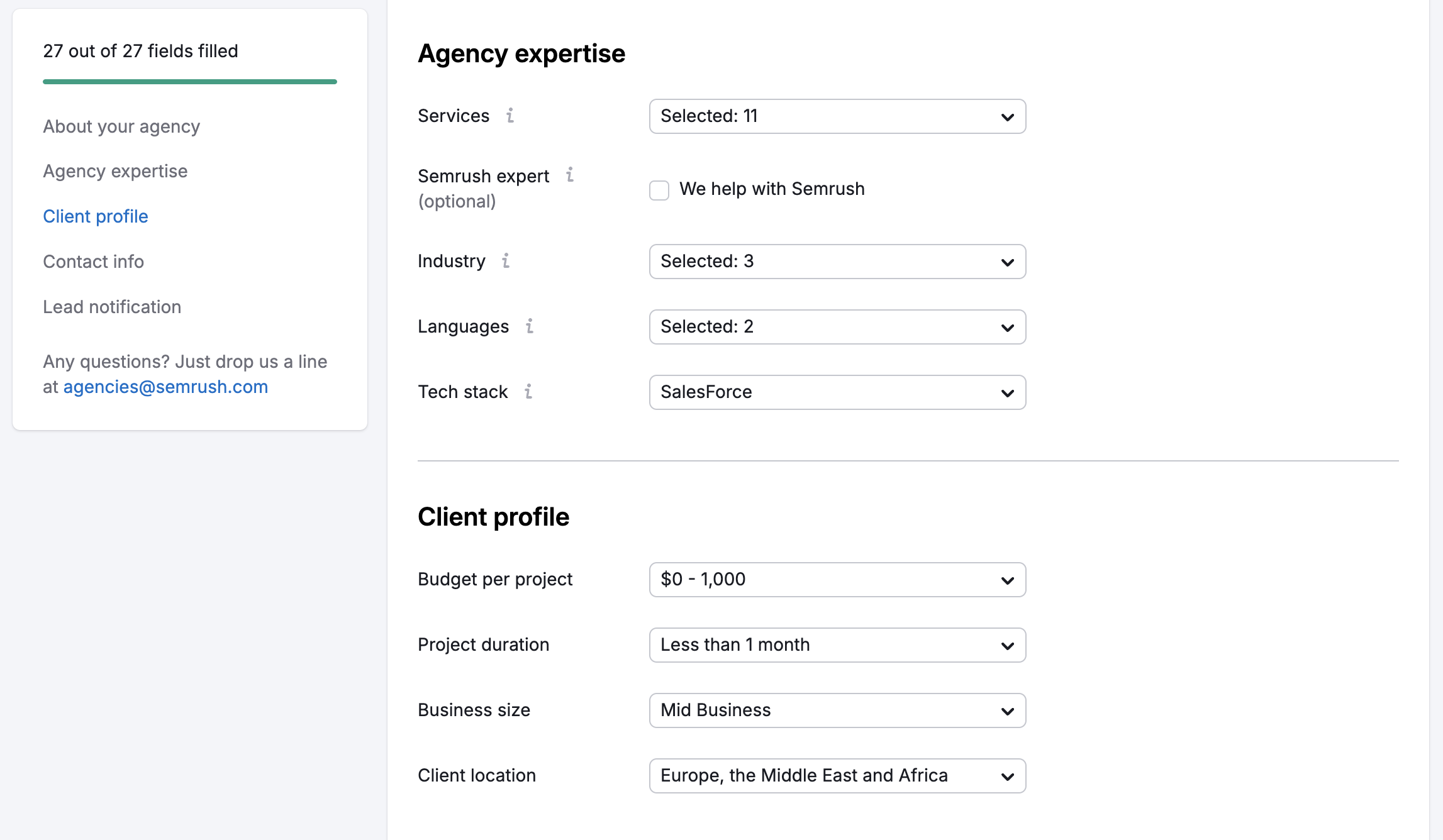 Display of the Agency Expertise and Client Profile fields.