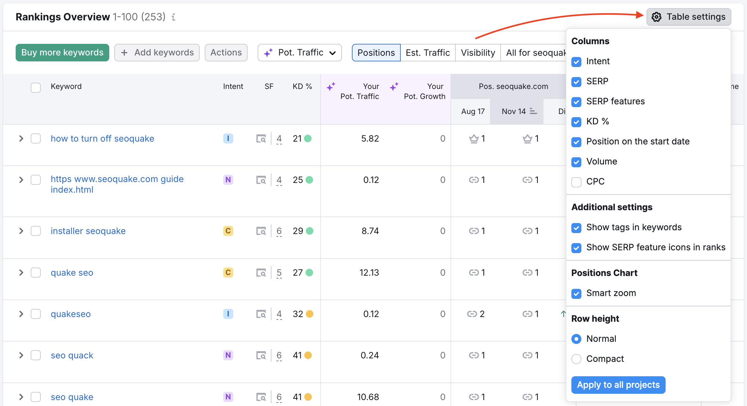 A red arrow highlights the table settings.