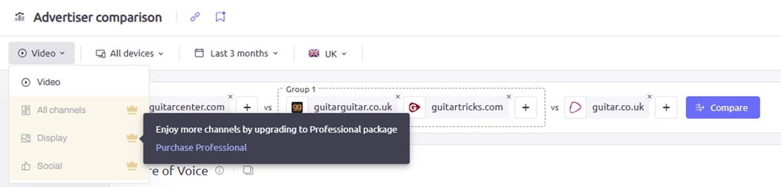 Selecting your channel(s) within each report in AdClarity — Advertising Intelligence