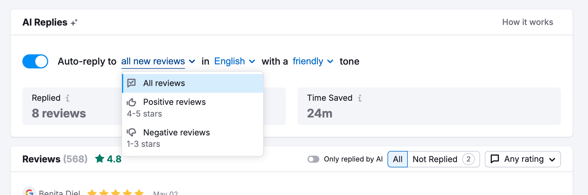 The Filter reviews drop-down with the options to select positive or negative reviews, or all reviews.