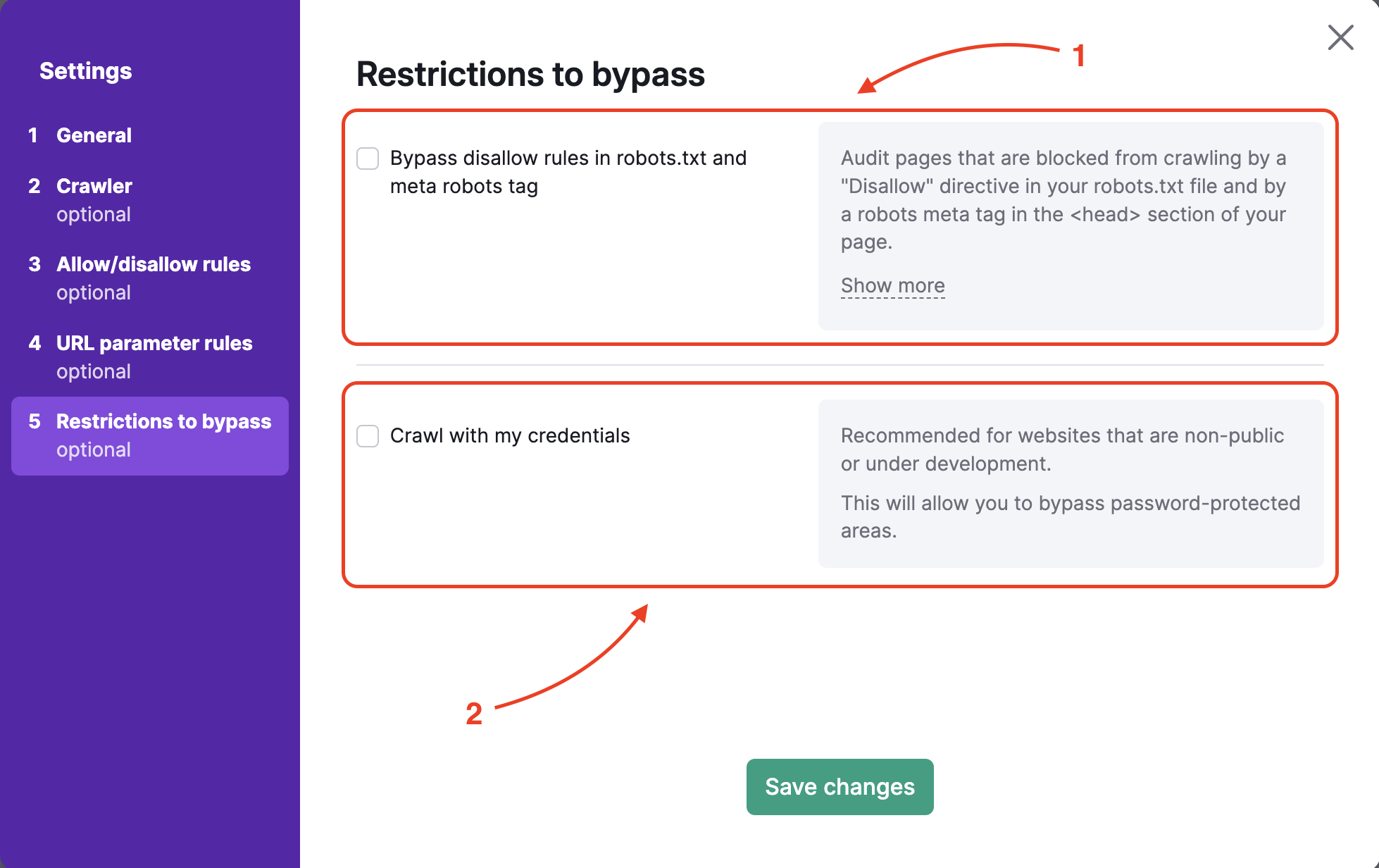 Restrictions to Bypass step in the Site Audit settings. A red arrow labeled 1 points to the option Bypass disallow rules in robots.txt and meta robots tag. A second arrow labeled 2 points to the Crawl with my credentials option, which reveals username and password input fields.