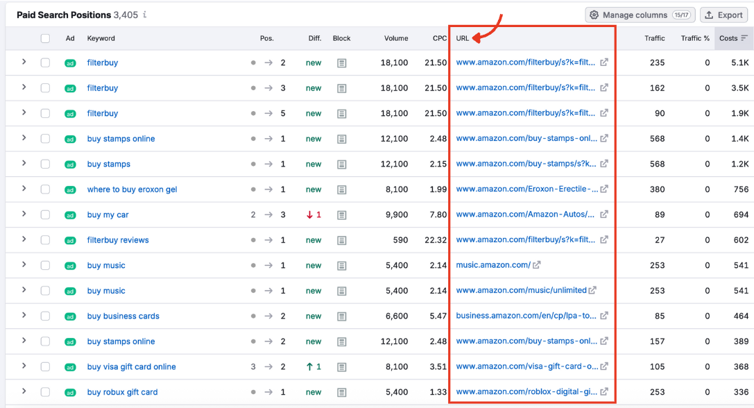 The Paid Search Positions table with the URL column highlighted.