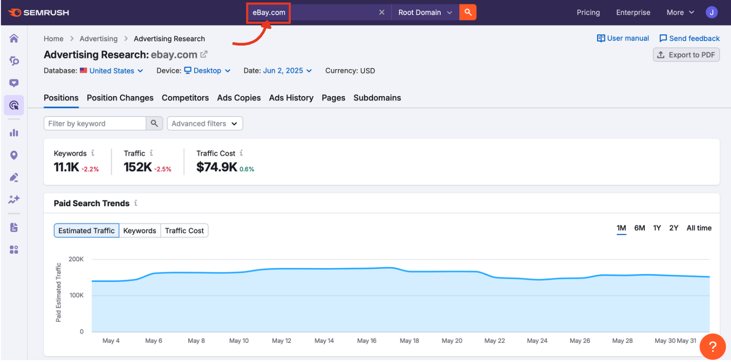 The main search bar in Advertising Research with a competitor domain entered.