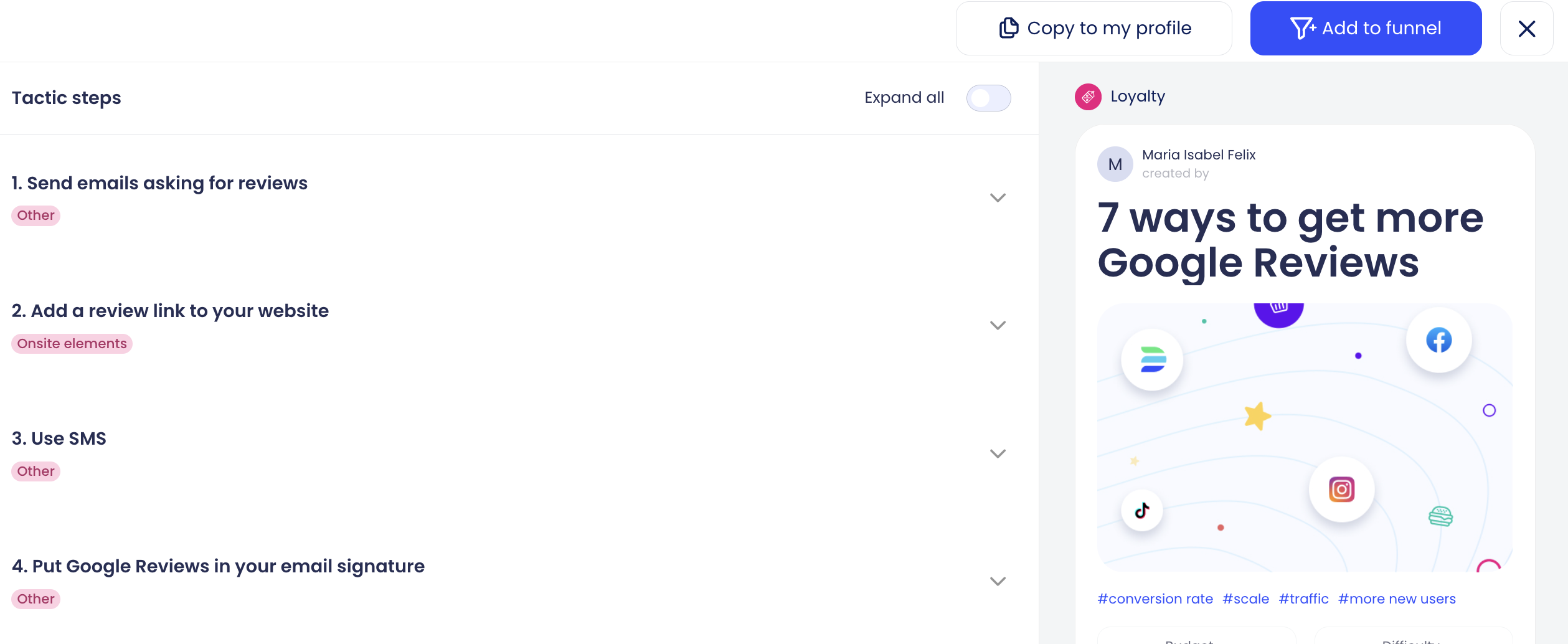 Full overview of a tactic card, including the name of the tactic, the tactic steps, budget, difficulty, and owner/creator of the tactic.