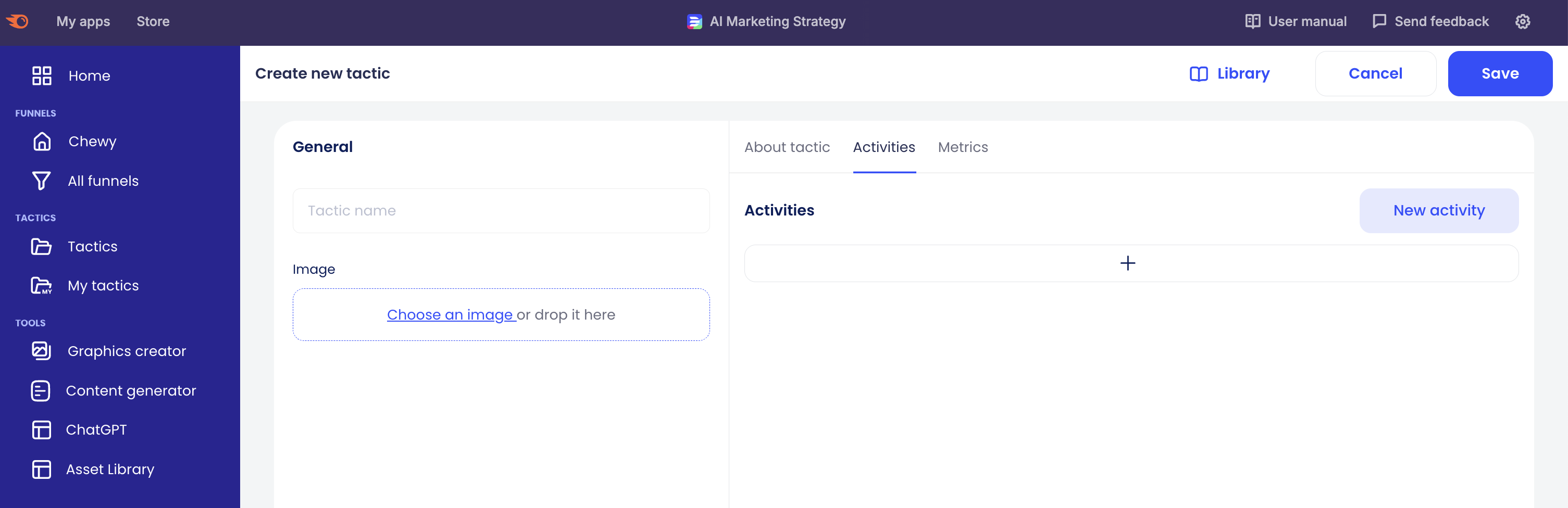 Display of how to set up a new tactic, specifically the steps under the 'Activities' tab. A '+' button can be clicked to enter information about the activity of the tactic.