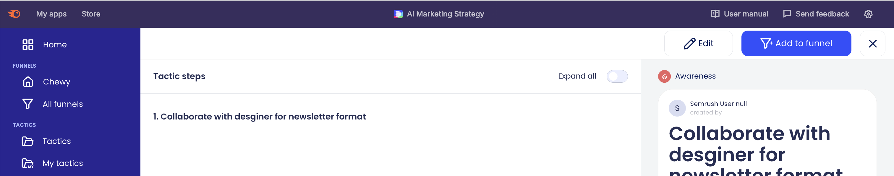 Screenshot highlighting the 'Add to funnel' button at the top right of the page. Once clicked, users can choose the funnel category they wish to add the new tactic to.