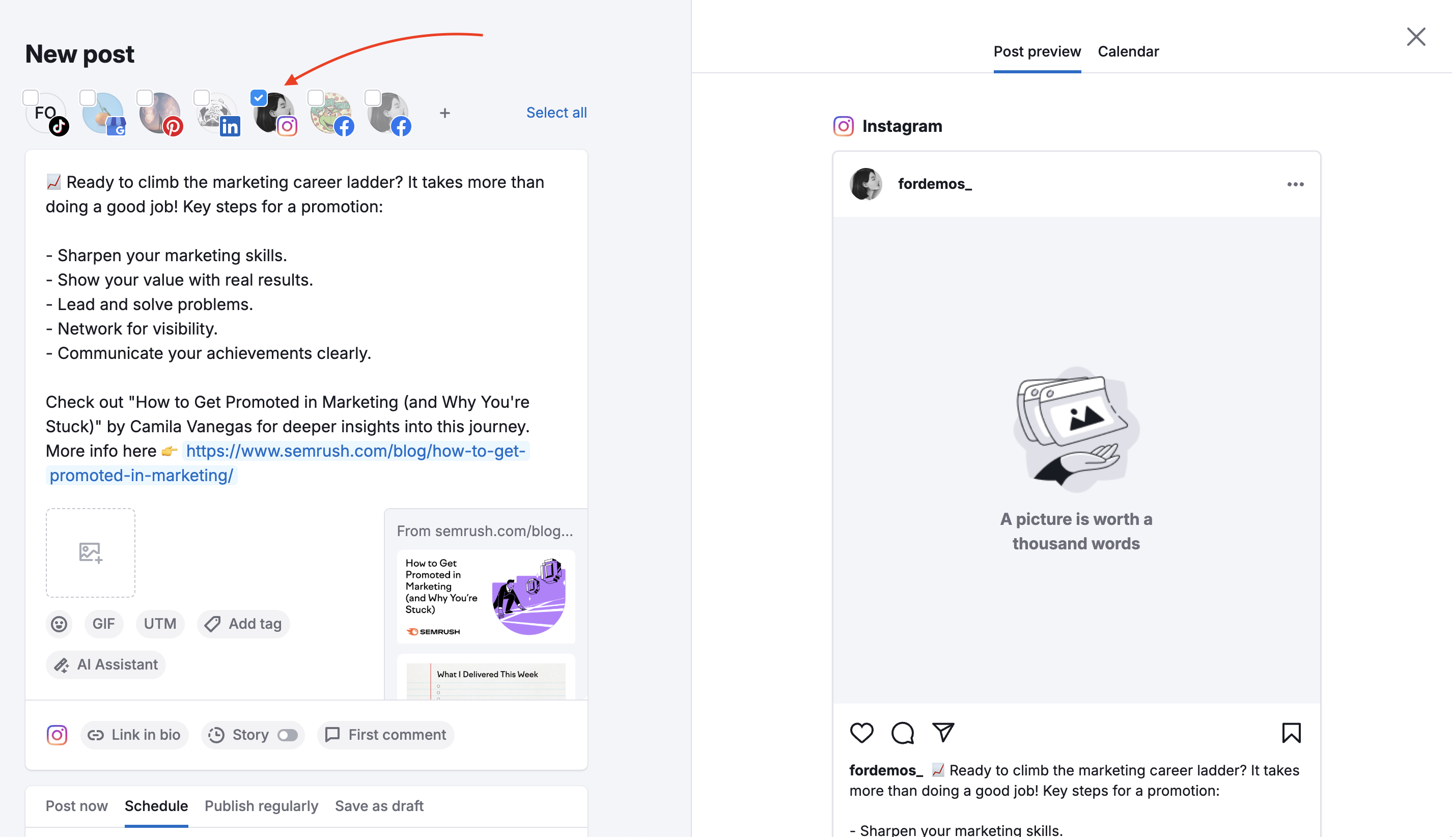 Instagram account is selected at the top of the Post editor.